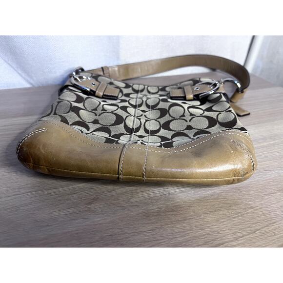 Coach Signature C Beige Tan Leather Logo Canvas Shoulder Bag Purse - Picture 5 of 11